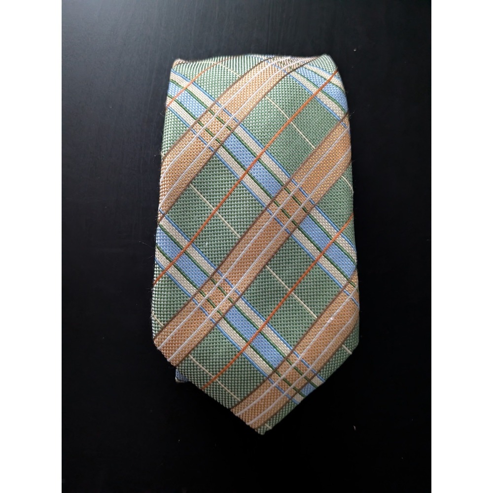 JZ RICHARDS Boulder‎ Tie Men Silk Pastel Green Orange Check Stripe 62" USA MADE
